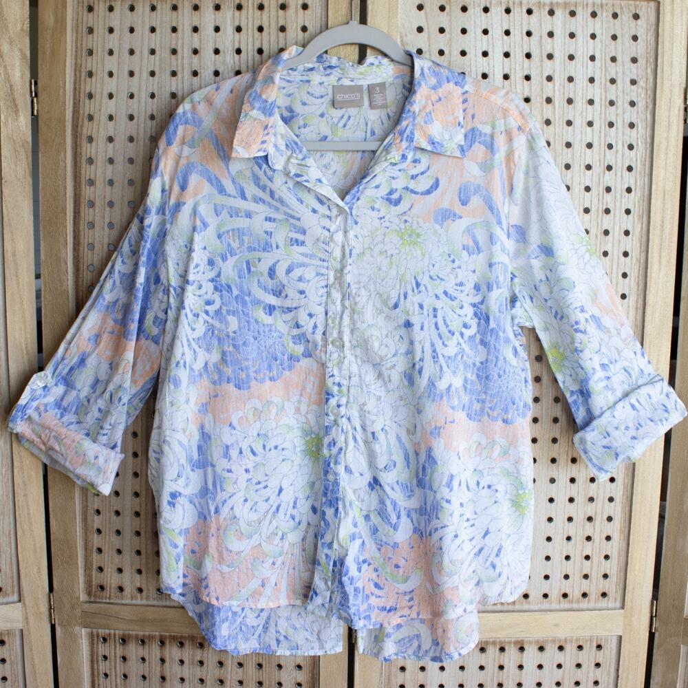 Chicos Womens SIZE 3/XL Button Shirt Lightweight Pastel Button Up Top Shirt